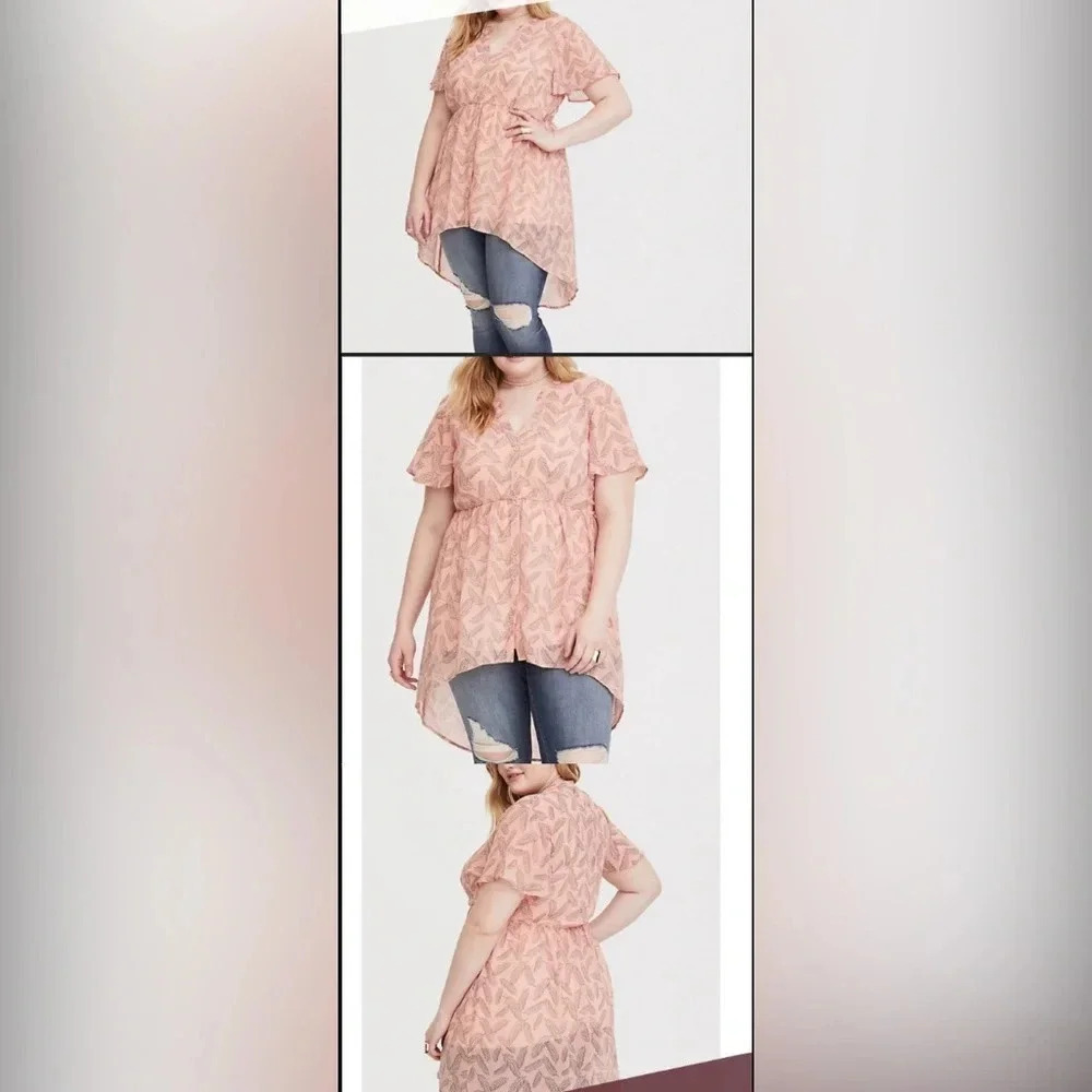 Torrid Womens Size 1 Pink Feather Print Hi-Lo Button Up Babydoll Tunic Top